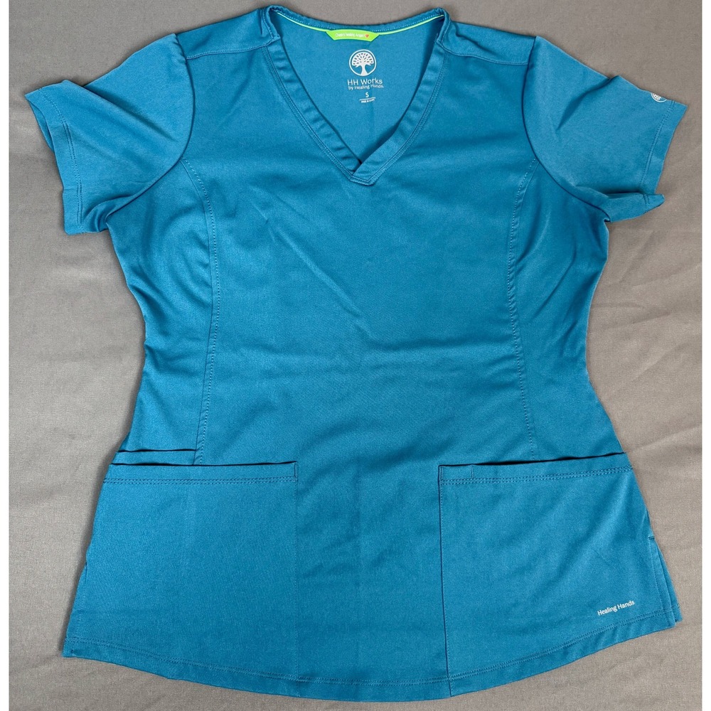 Healing Hands Scrub Top Womens Small Caribbean Blue V Neck